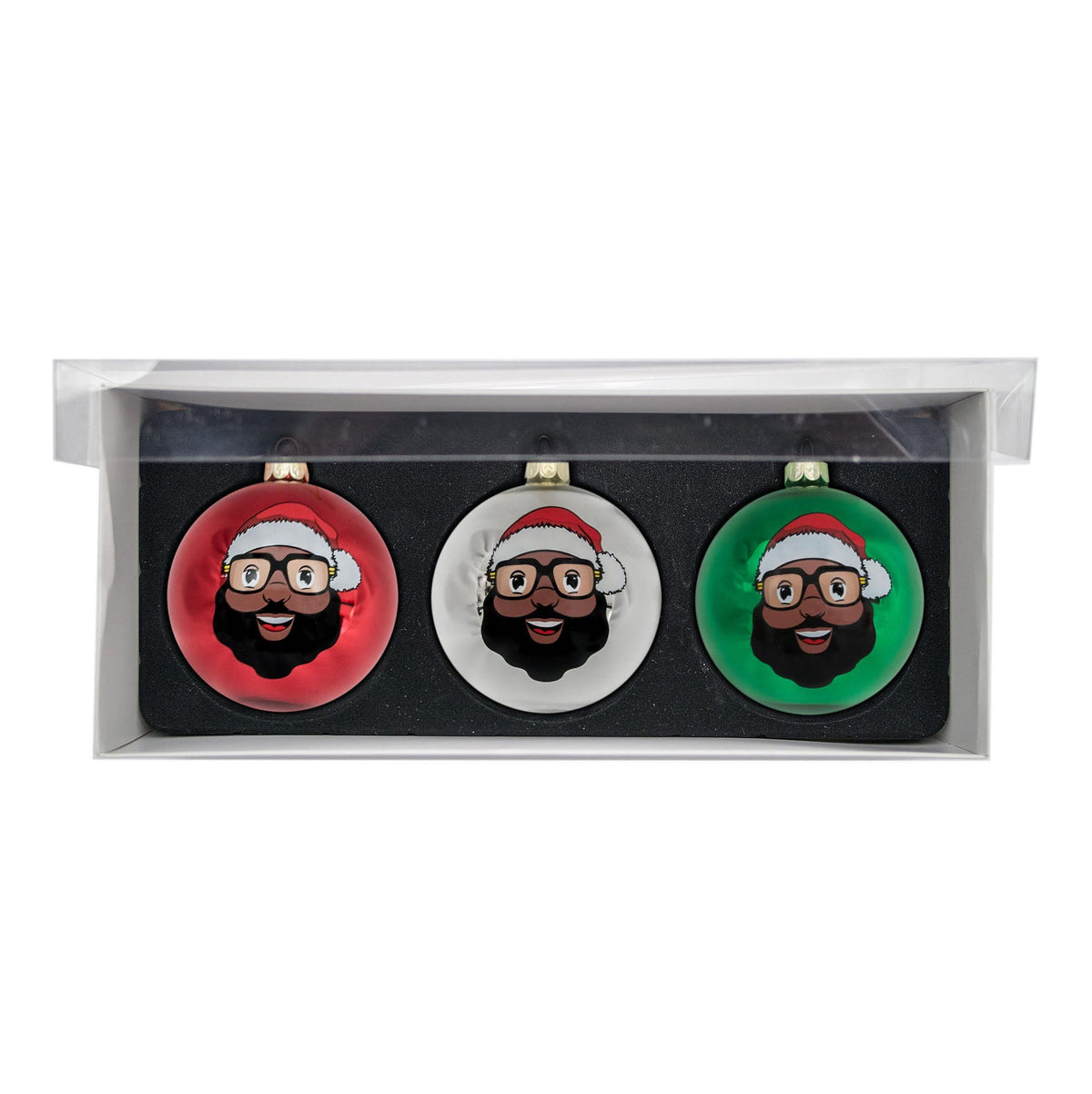 Black Santa 3 Glass Ball Ornaments - Shiny Finish