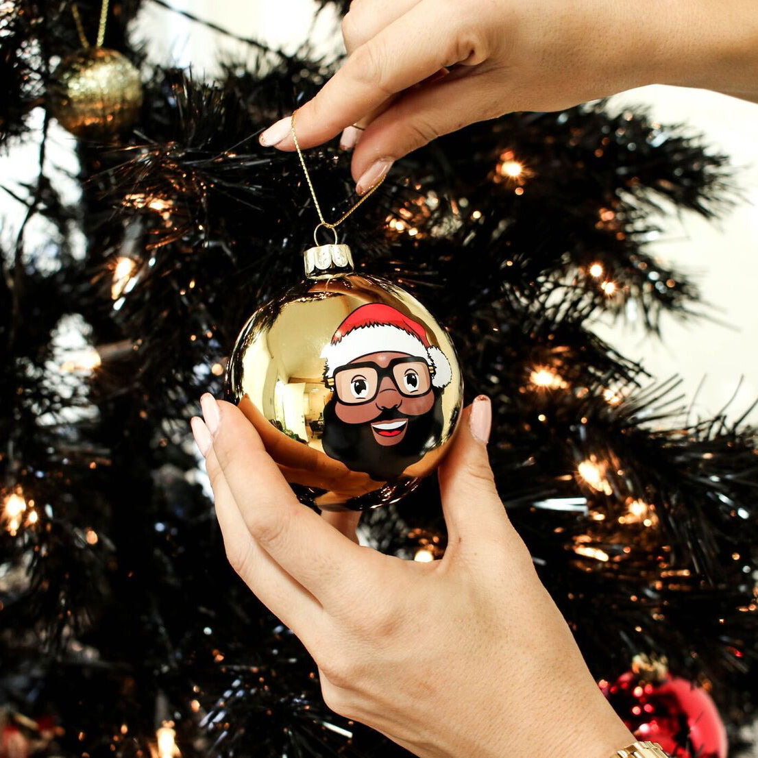 Black Santa Gold Glass Ball Ornament